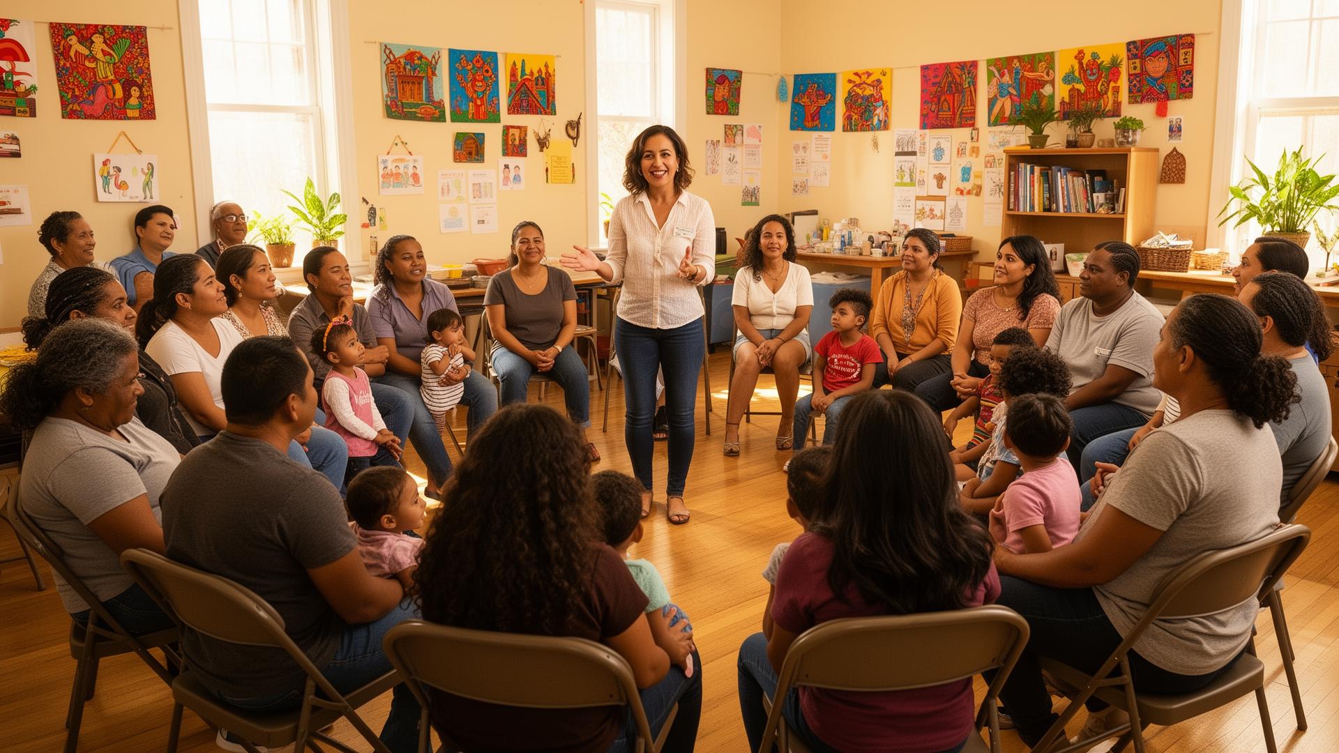 Facilitator leading a family workshop with Latin American and African American immigrant families in a community room